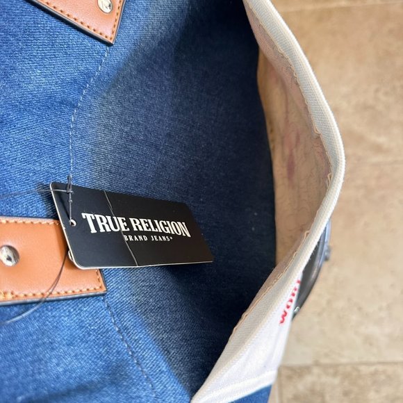 NWT True Religion Washed Navy Denim Large Tote - Picture 9 of 13